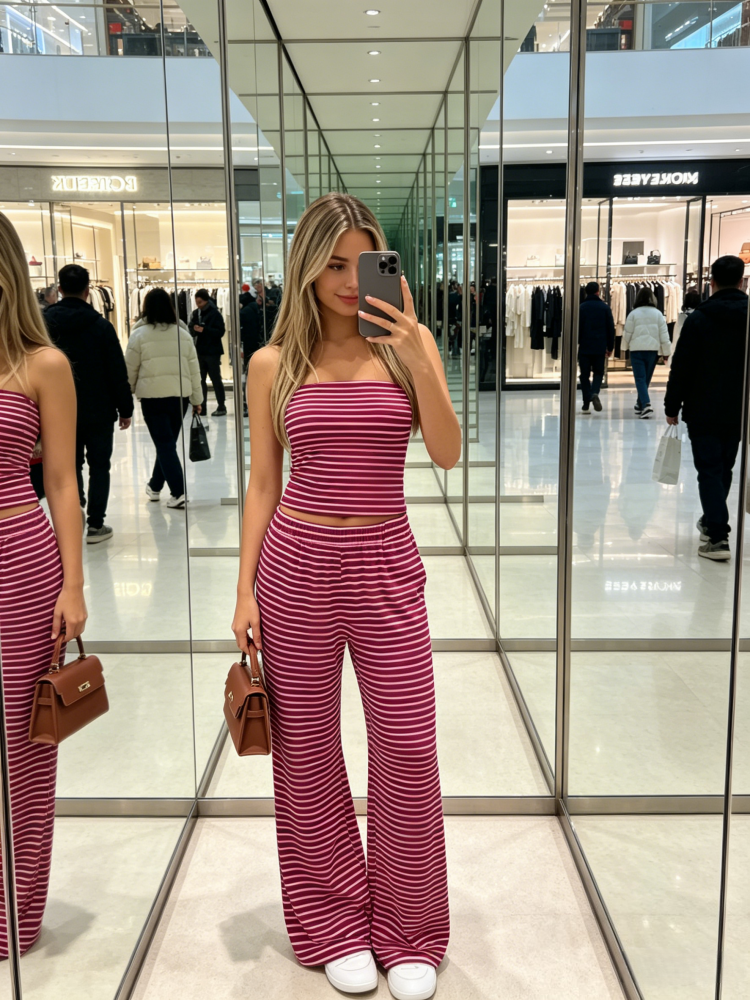 Striped Tube Top &amp; Wide Leg Pants Two-Piece Set