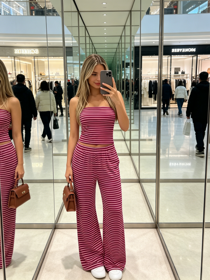 Striped Tube Top &amp; Wide Leg Pants Two-Piece Set