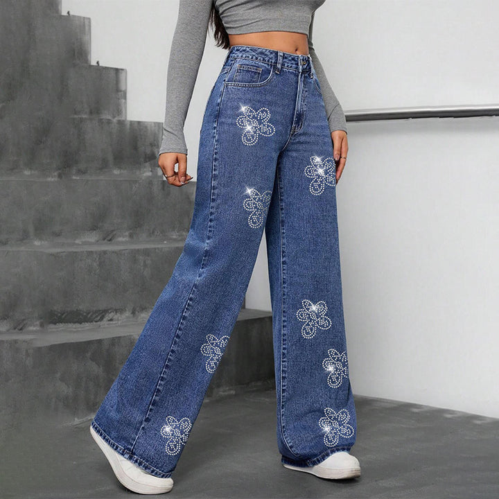 Floral rhinestone loose straight leg trousers