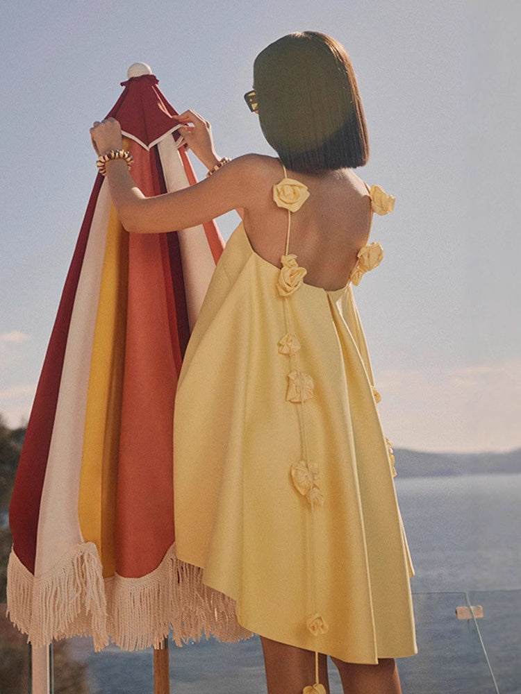 Yellow 3D Flower Appliqué Spaghetti Strap Mini Dress