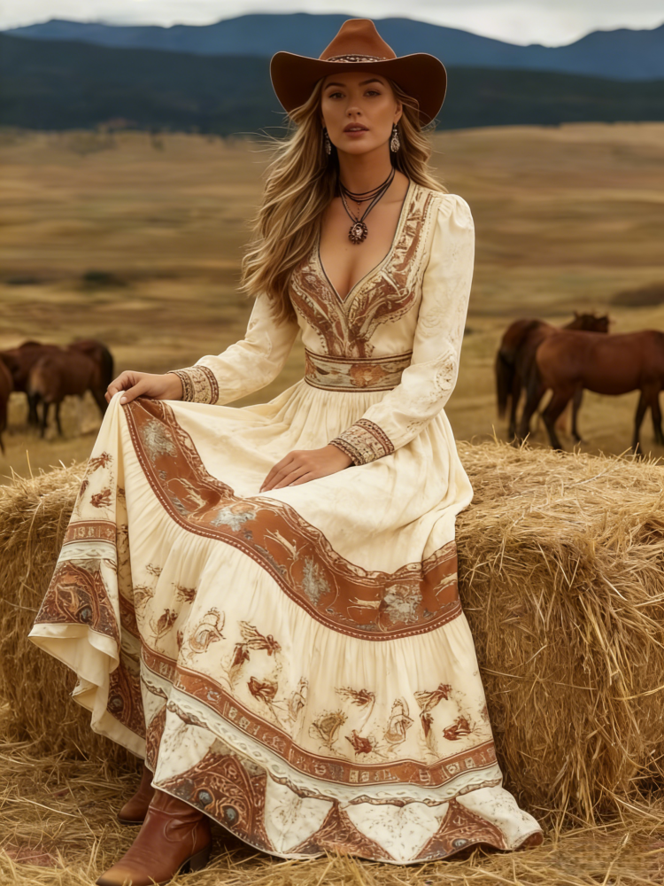 Boho Western Long Sleeve V-Neck Tiered Maxi Dress