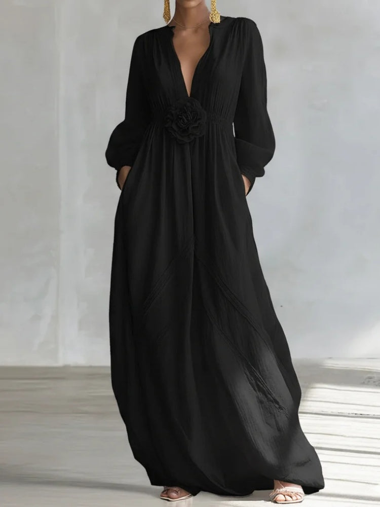 Elegant 3D Floral Cotton Linen Maxi Dress with Resort Style