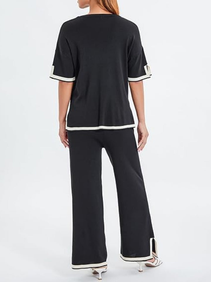 Contrast Trim Knit Short Sleeve Top &amp; Wide Leg Pants Set