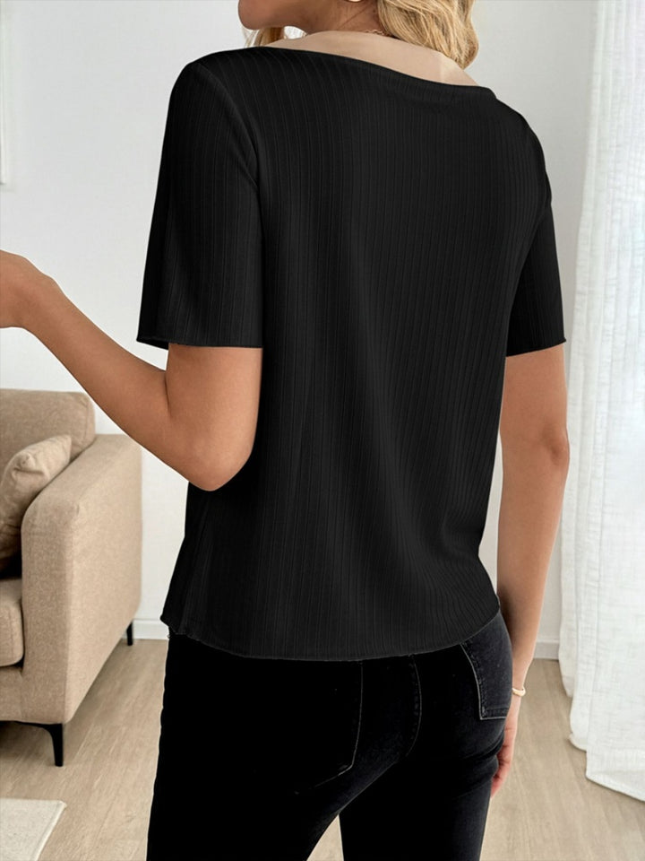Contrast Trim Button-Front Ribbed Knit Top