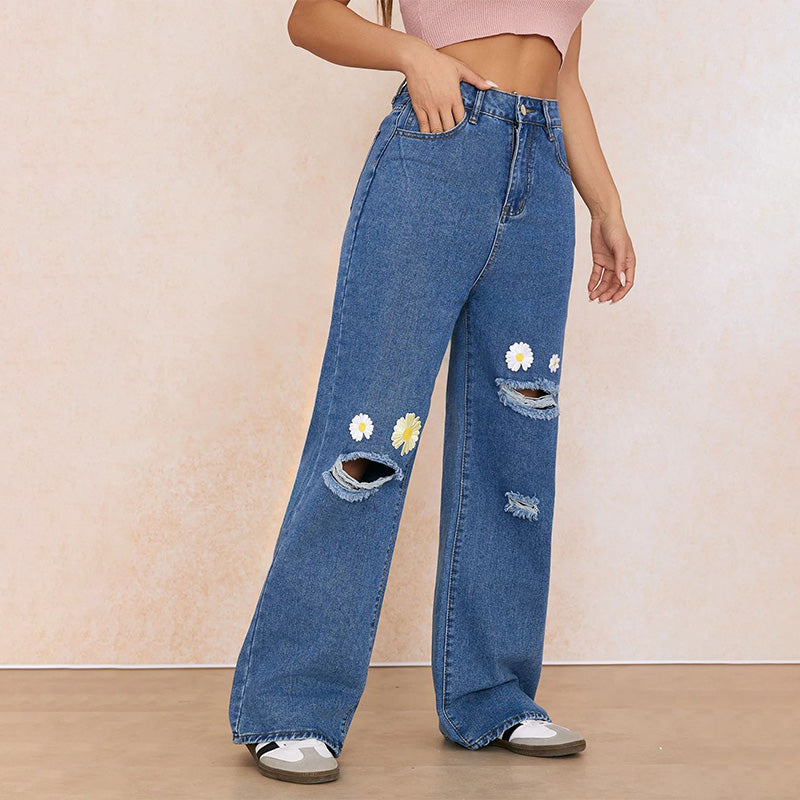 Daisy Embroidered Ripped Wide-Leg Jeans