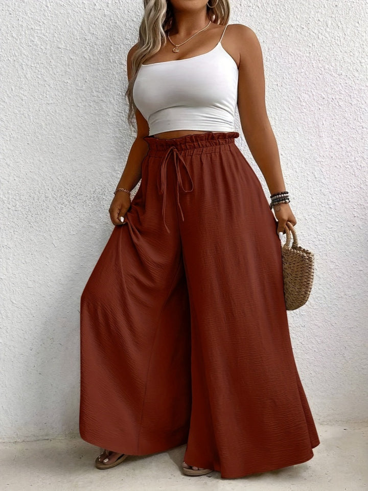 Solid color, loose fit, draped, drawstring wide-leg casual pants