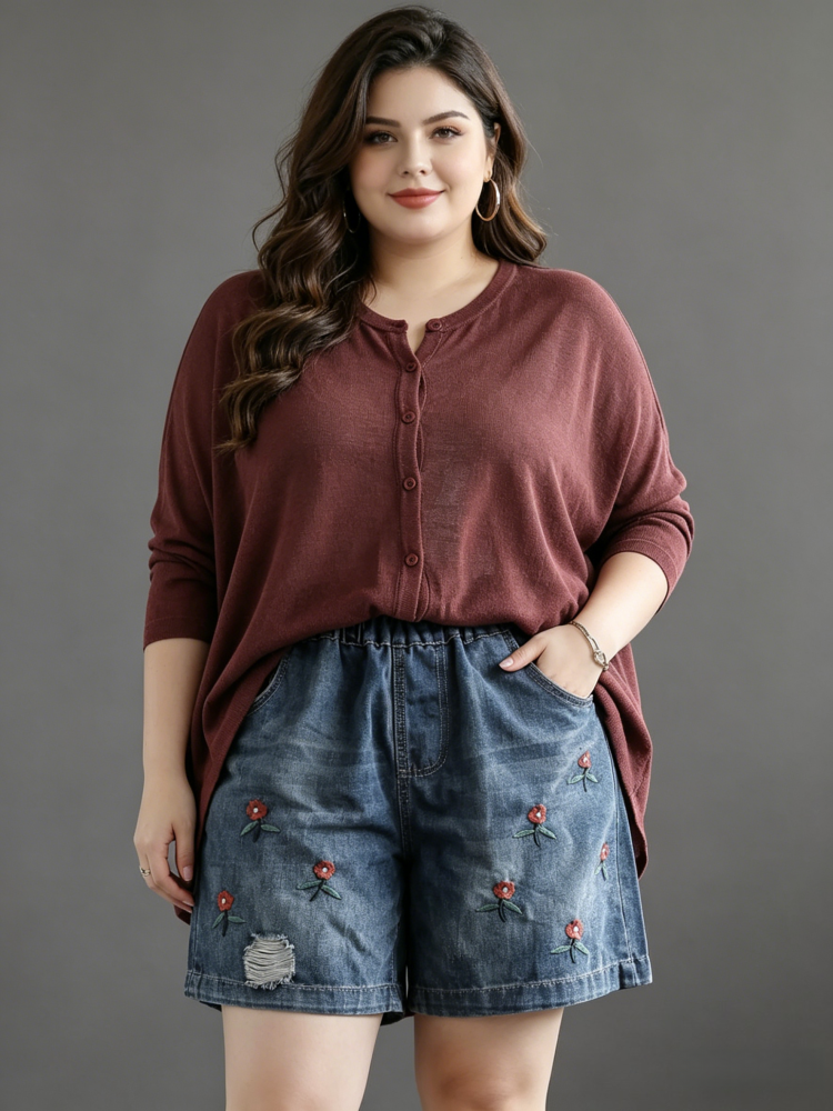Floral Embroidered High Waisted Denim Shorts