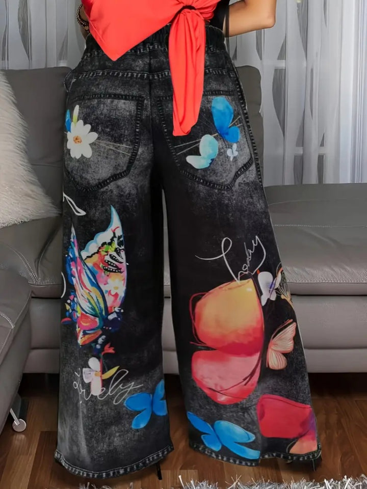 Butterfly Print Wide-Leg Pants | High-Waisted Elastic Waist Casual Trousers