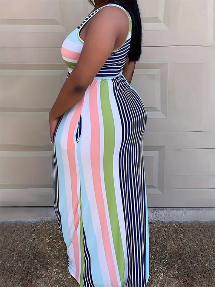 Plus Size Color Block Striped Sleeveless Maxi Dress
