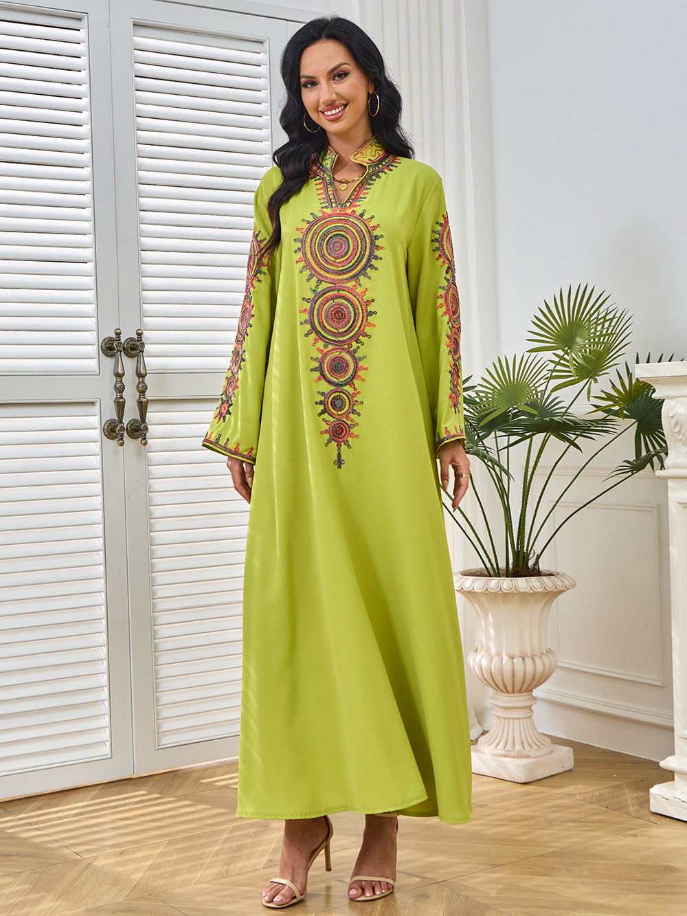 Ethnic Geometric Embroidered Abaya Maxi Dress