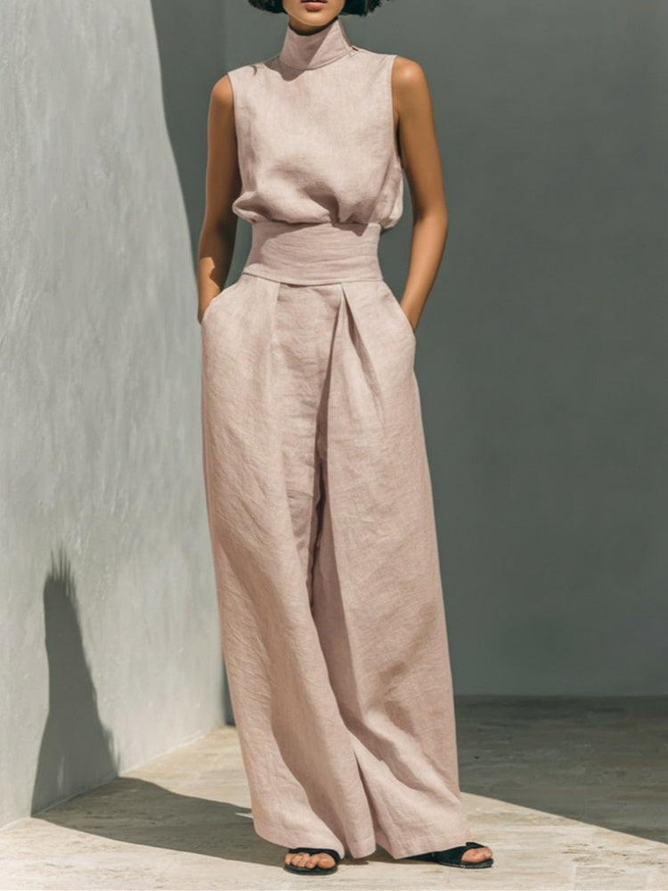 Solid color cotton linen sleeveless casual suit