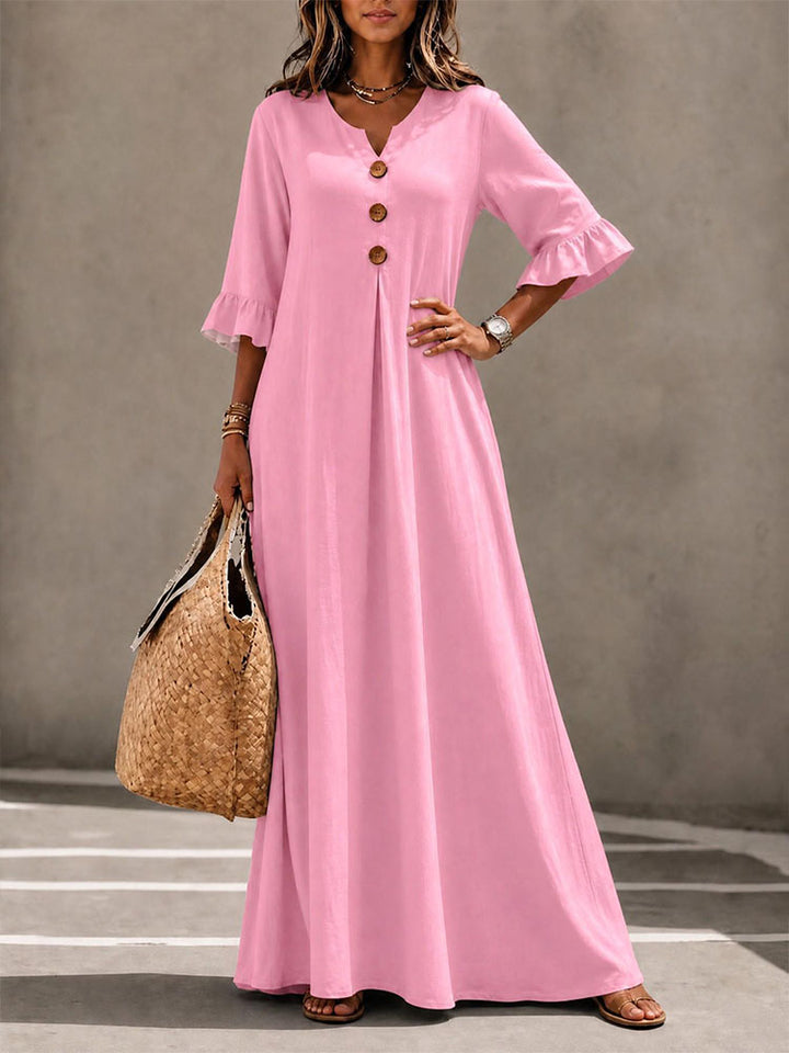 V-Neck Ruffle-Sleeve Dress with Wooden Buttons
