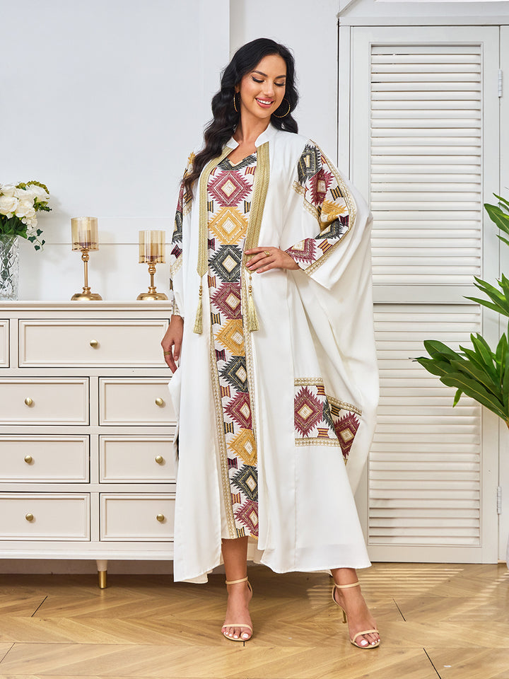 Geometric Embroidered Open-Front Abaya with Inner Dress