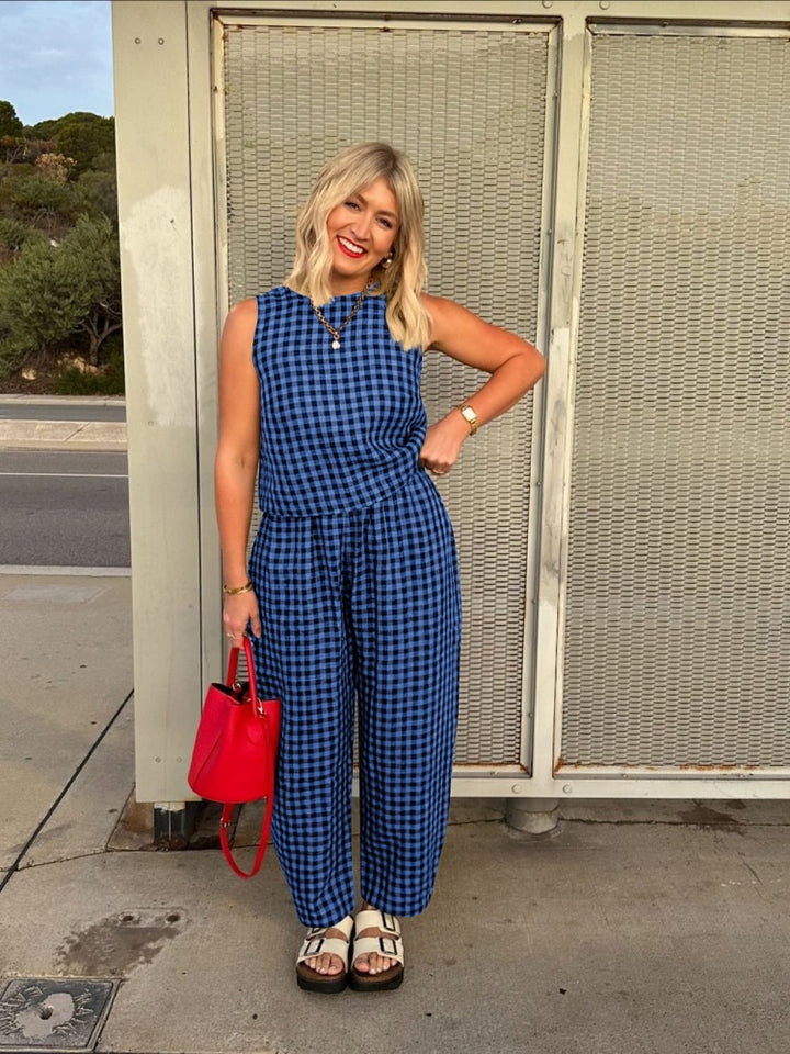 Gingham 2-Piece Sleeveless Top &amp; Wide Leg Pants Set