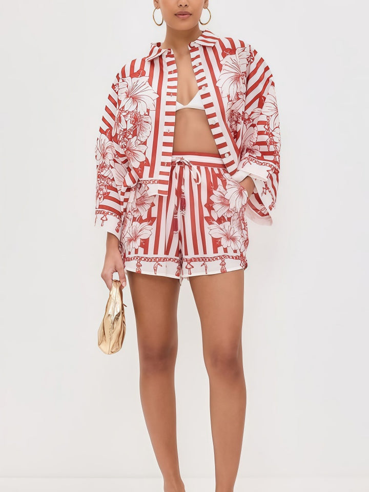 Floral Striped Button-Down Shirt &amp; Shorts Set - Red/White