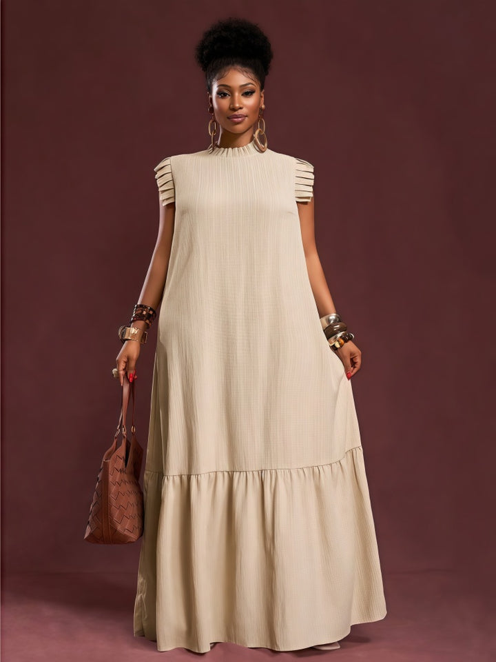 Pleated flutter-sleeve loose maxi dress