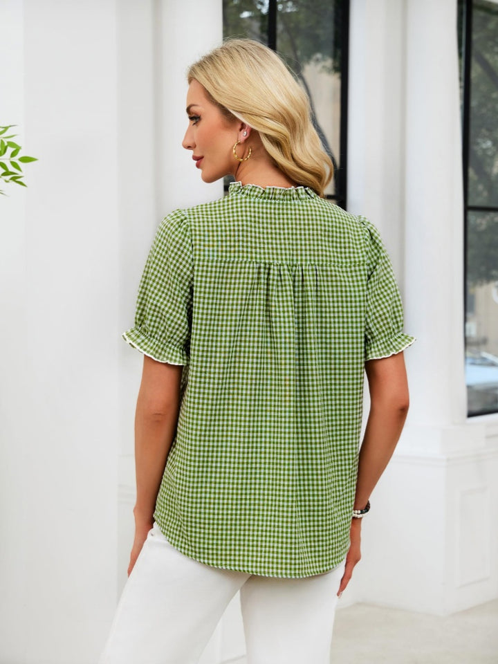 Gingham Check Ruffled Neck Short Sleeve Blouse