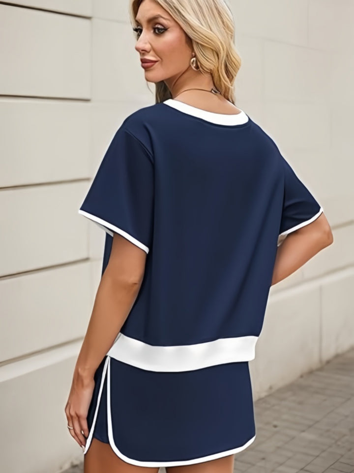 Contrast Trim Short Sleeve Top &amp; Mini Skirt Two-Piece Set