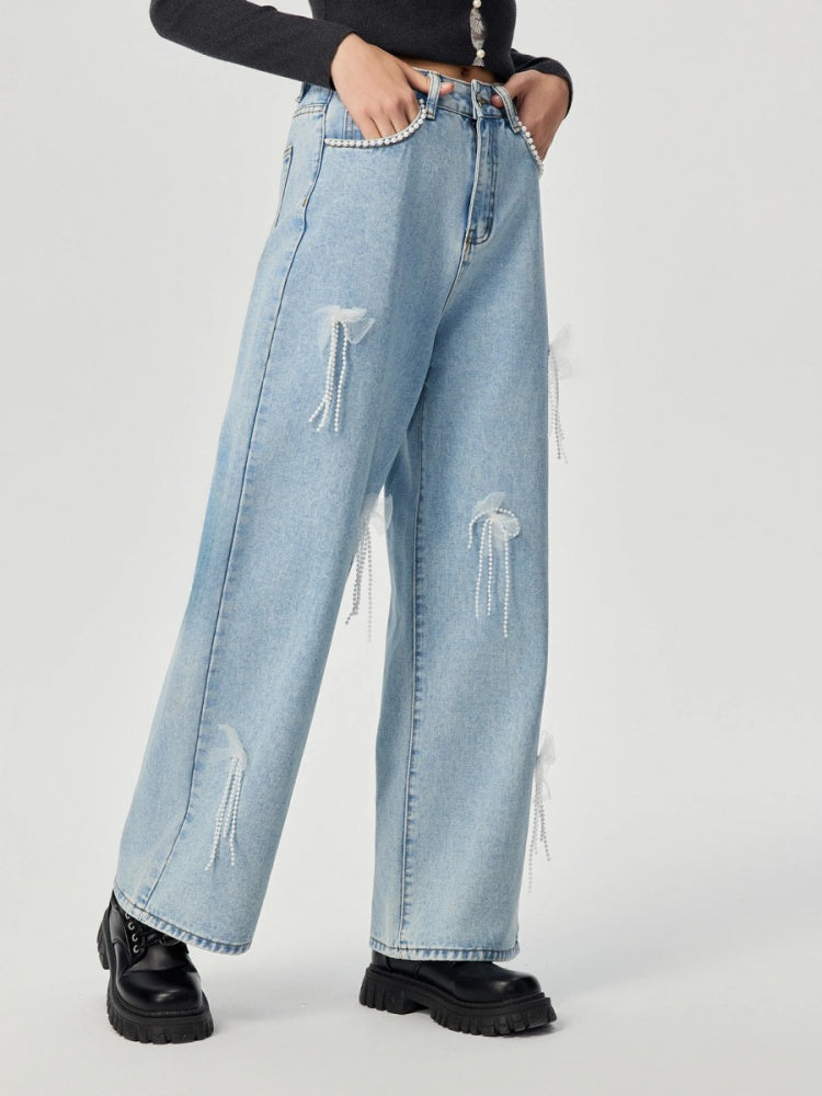 High Waist Wide Leg Jeans With Tulle Bow &amp; Pearl Tassel Decor