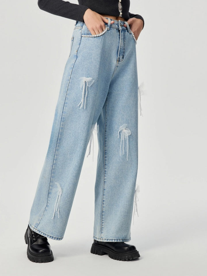 High Waist Wide Leg Jeans With Tulle Bow &amp; Pearl Tassel Decor