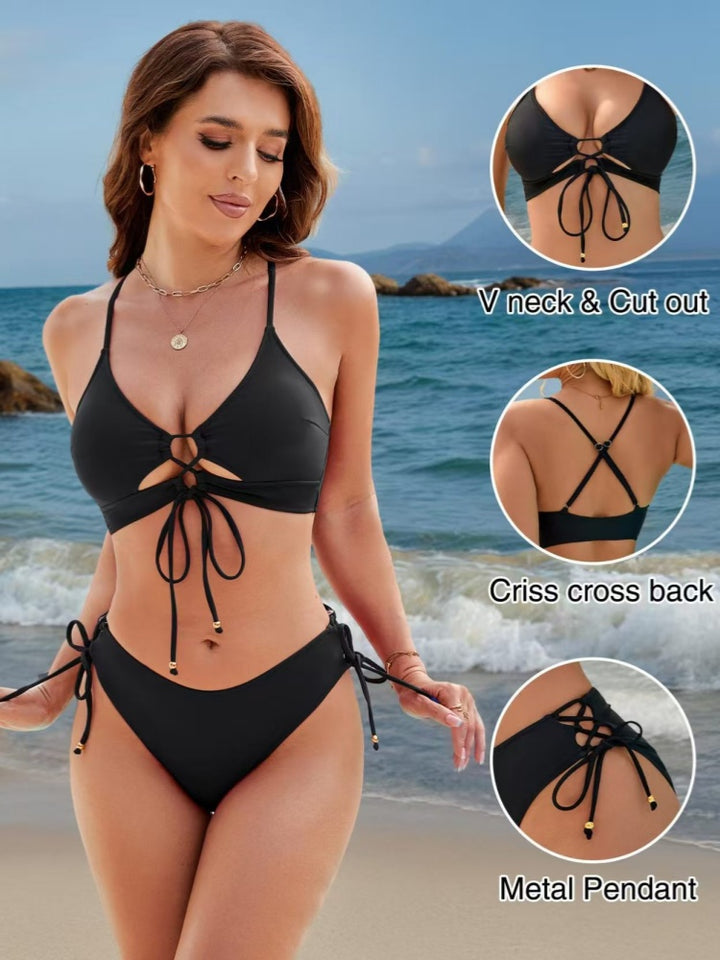 Leopard Print High Cut Bikini Set - Lace-Up Front &amp; Side Tie Two-Piece Swimsuit