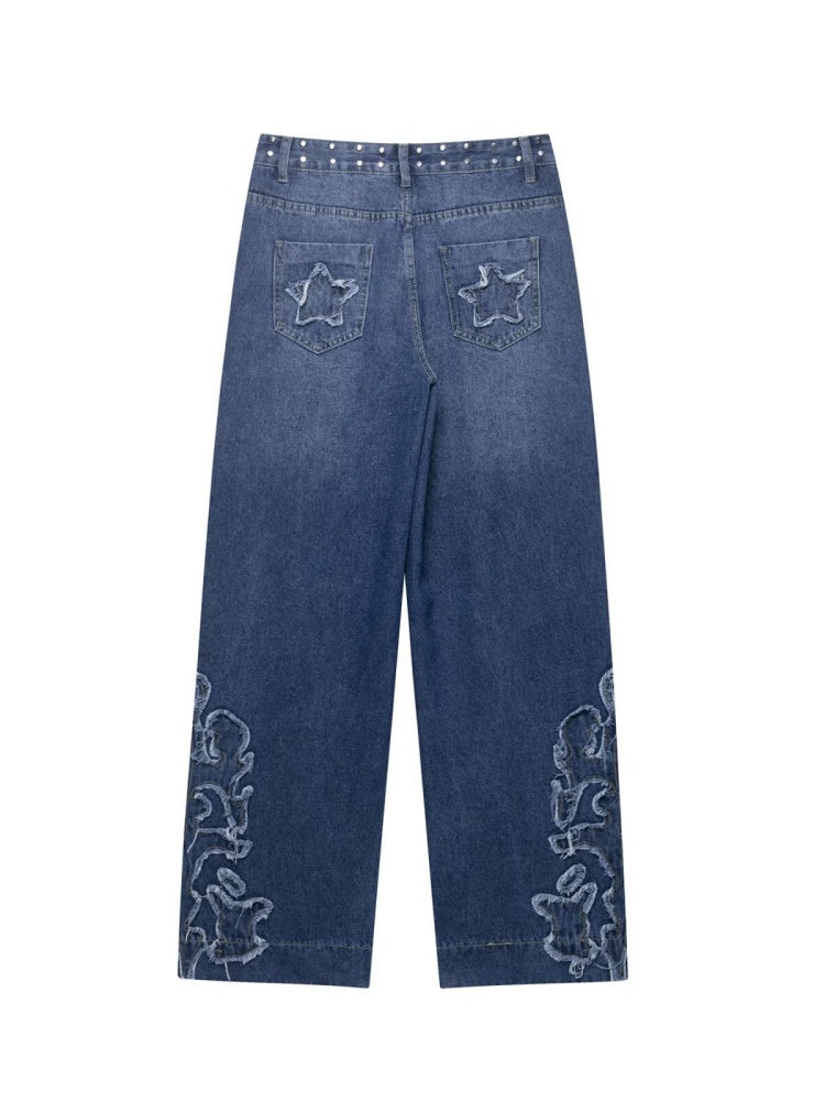 Rivet &amp; Patchwork High Waisted Wide Leg Jeans