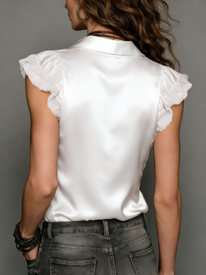 Satin Lace Trim Button-Up Blouse - Floral Print Ruffle Sleeve Shirt