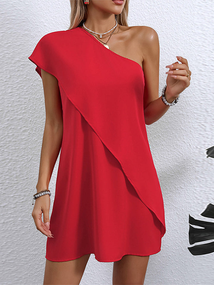 One-shoulder dress, vacation style, sleeveless A-line midi skirt