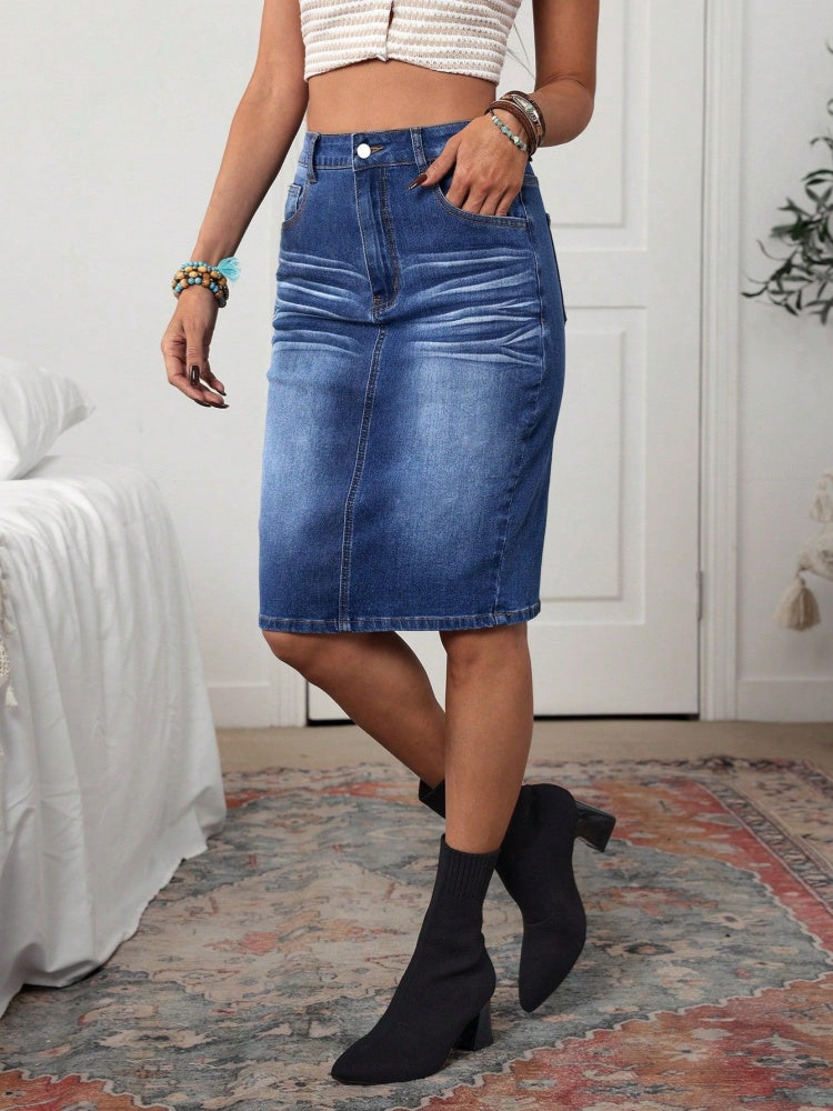 High Waist Gradient Wash Midi Denim Pencil Skirt