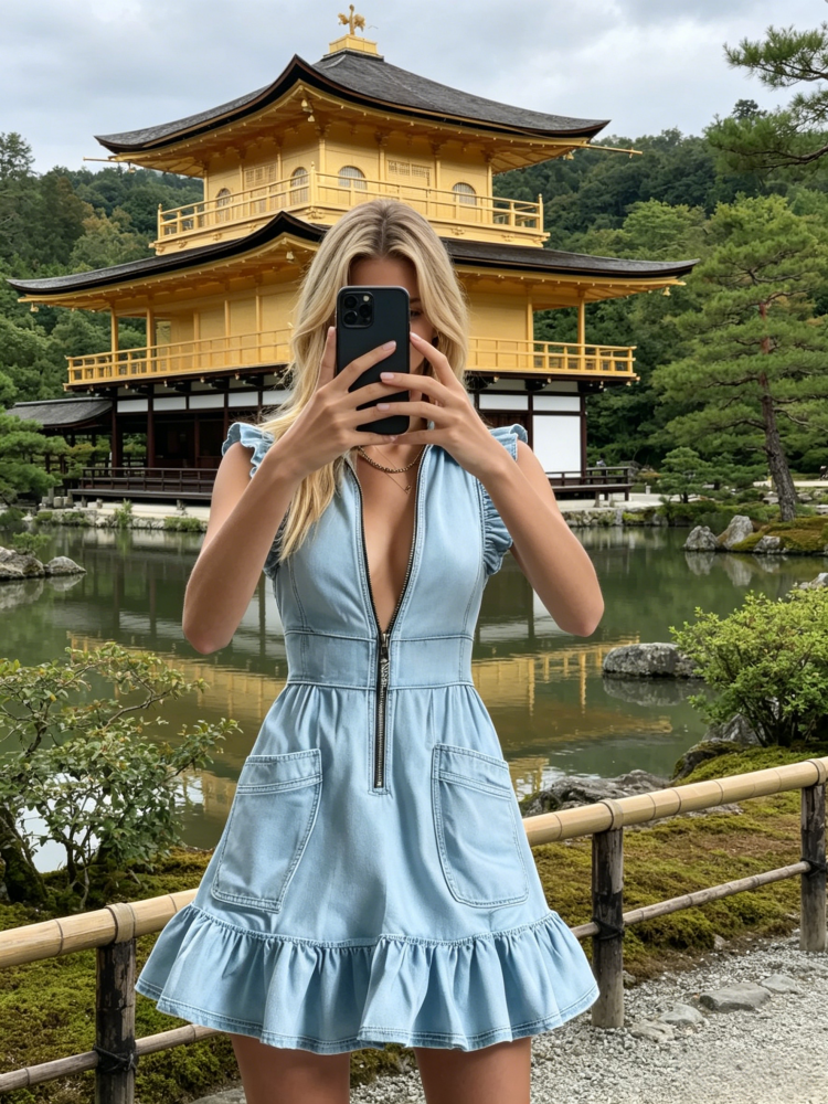 Ruffle Sleeve Zip Front Denim Mini Dress