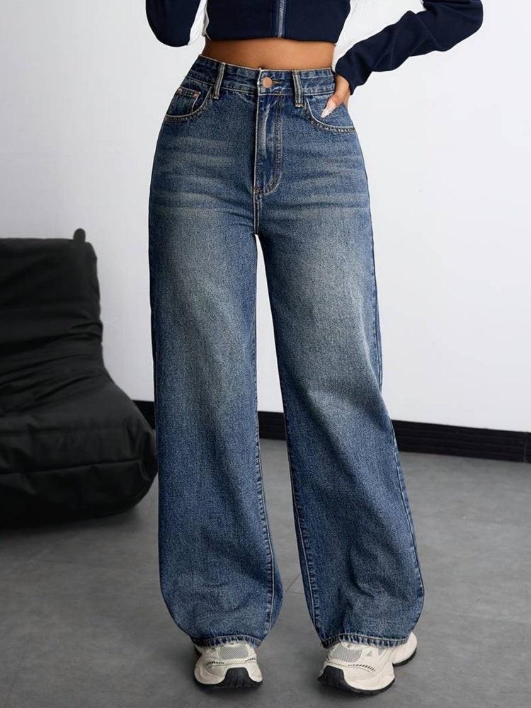 High Waist Vintage Wash Wide Leg Straight Jeans