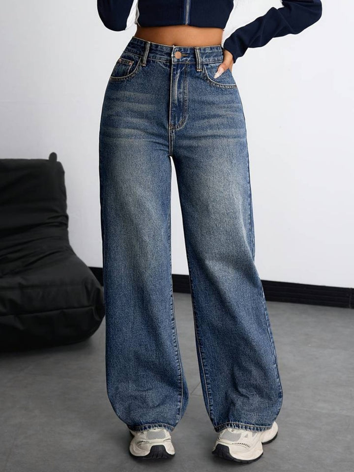 High Waist Vintage Wash Wide Leg Straight Jeans