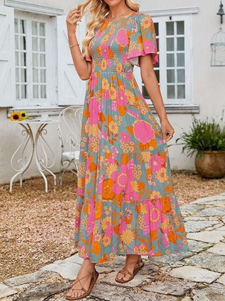 Floral Print Flutter Sleeve Tiered Maxi Dress