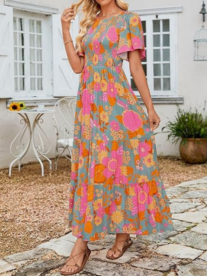Floral Print Flutter Sleeve Tiered Maxi Dress