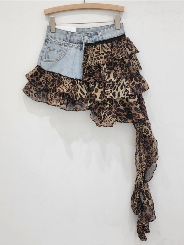 Leopard Print Ruffle Denim Mini Skirt