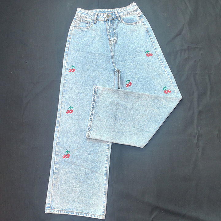 Cherry print high-waisted straight-leg jeans