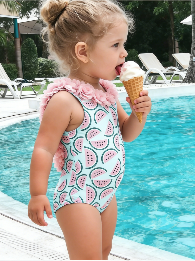 Baby Girls Cute One-Piece Swimsuit – Watermelon Print with 3D Ruffle Straps