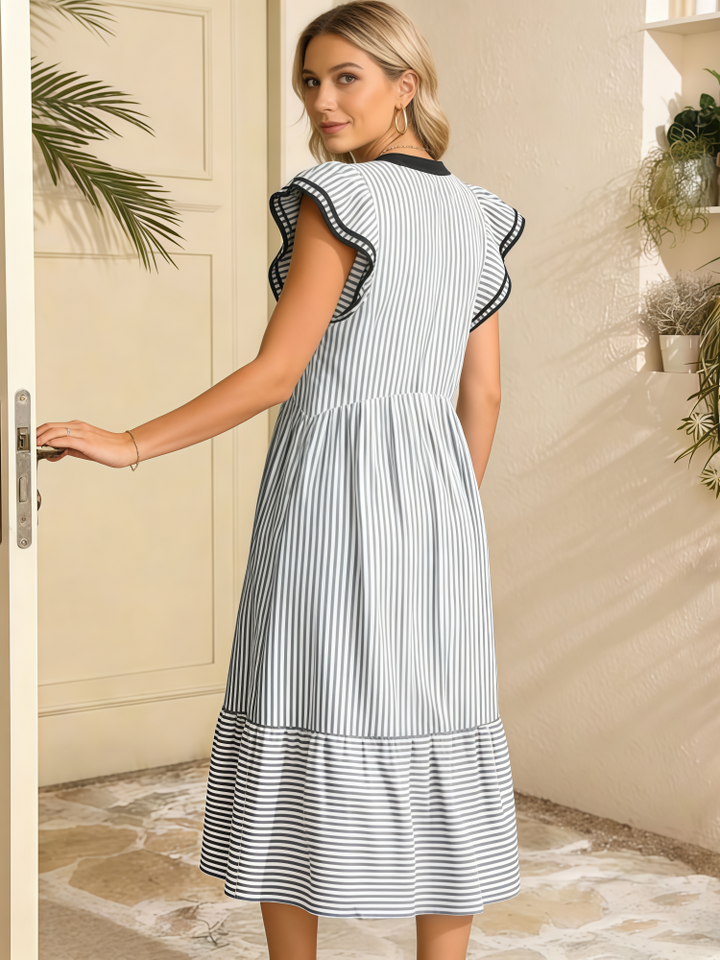 V-neck striped patchwork ruffle sleeve dress