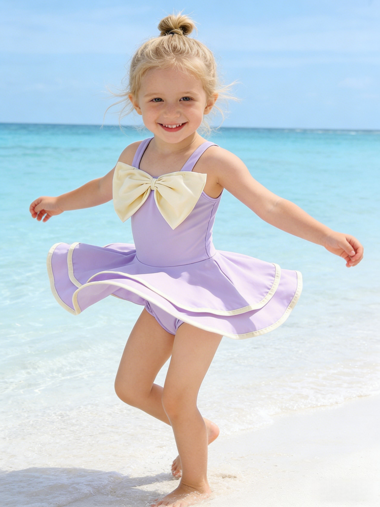 Girls Ruffle One-Piece Swimsuit – Bowknot Princess Swim Dress with Cap
