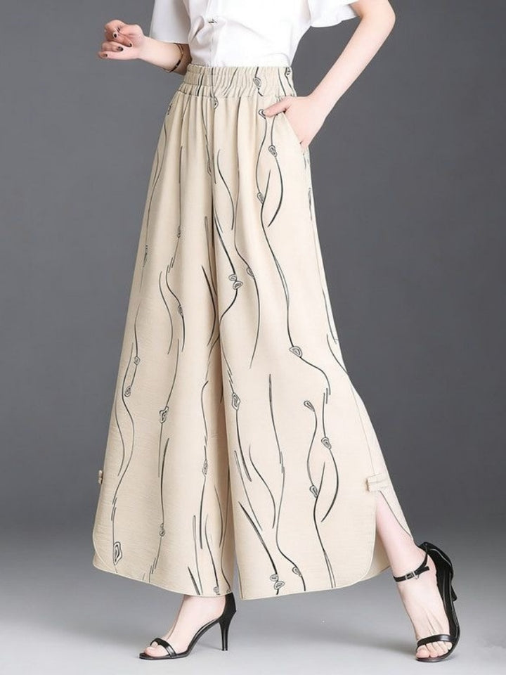 Elastic High Waist Abstract Line Print Cropped Wide Leg Culottes