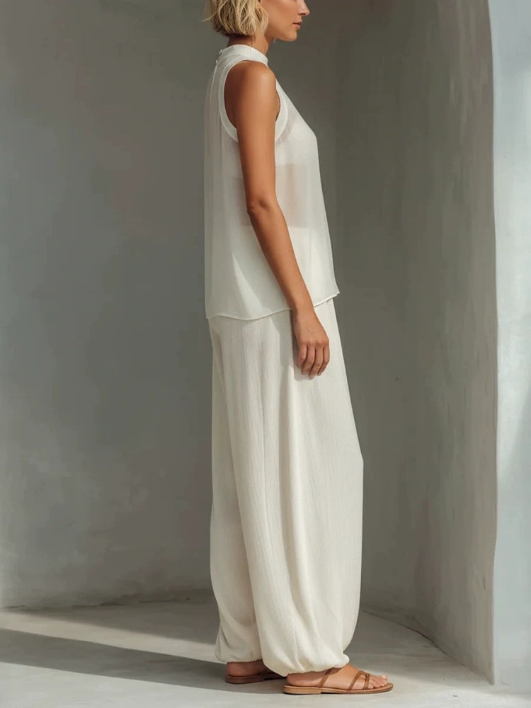 Linen Blend Sleeveless Halter Top &amp; Drawstring Wide Leg Pants Two-Piece Set