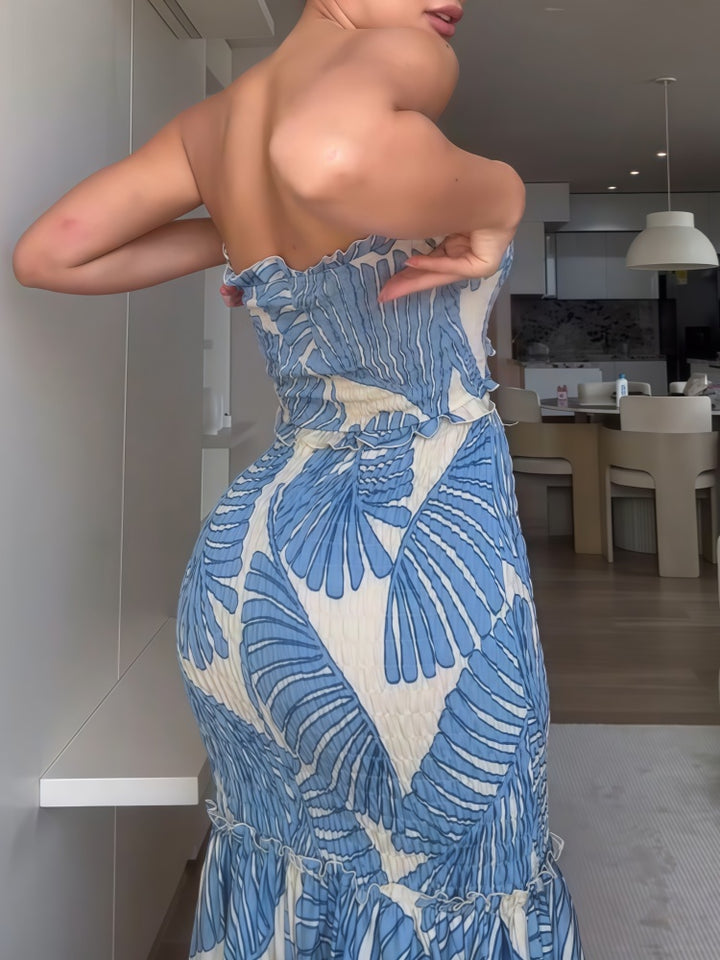 Blue White Leaf Print Ruched Bandeau Two Piece Maxi Skirt Set