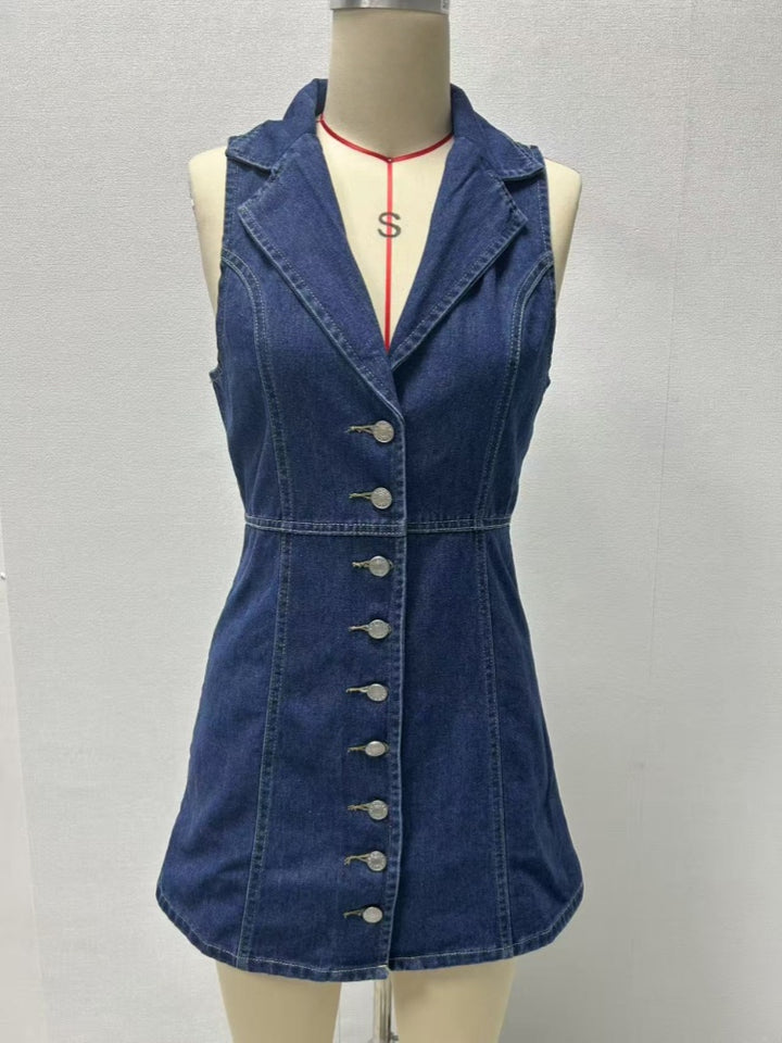 Sleeveless Blazer Collar Denim Mini Dress