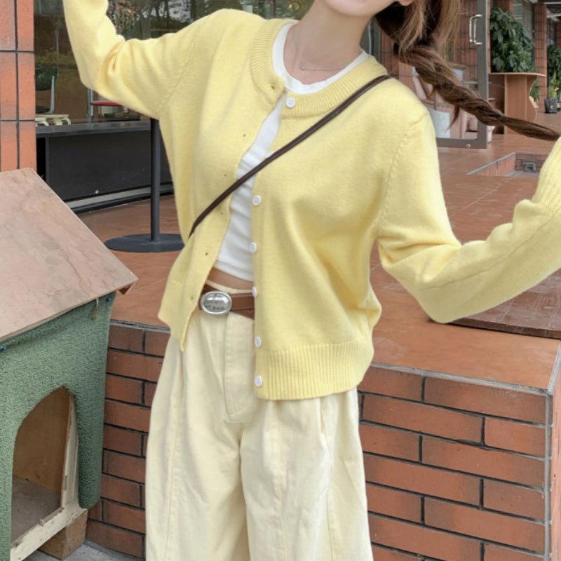 Solid Color Crew Neck Knit Cardigan