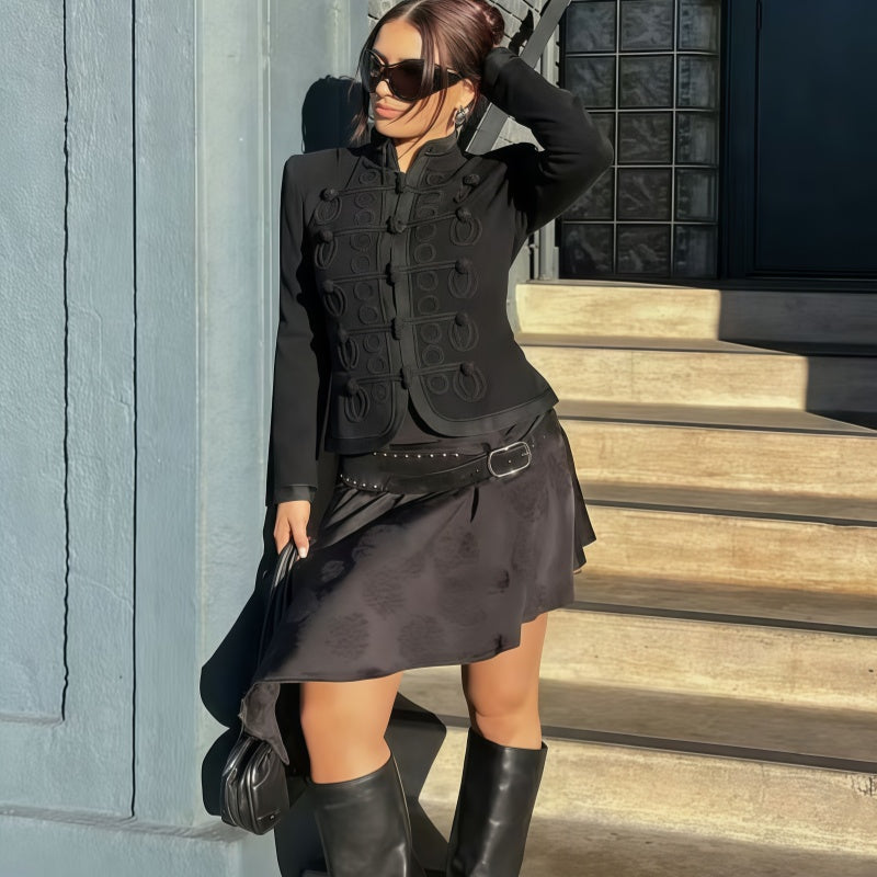 Black Half High Collar Toggle Button Cropped Jacket