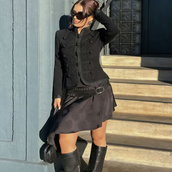Black Half High Collar Toggle Button Cropped Jacket