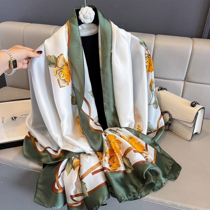 Luxury Floral Print Satin Silk Scarf