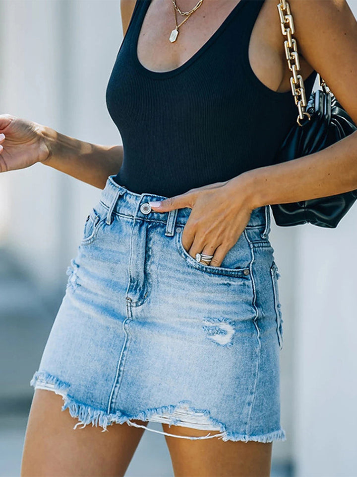 Bodycon ripped and frayed denim A-line skirt