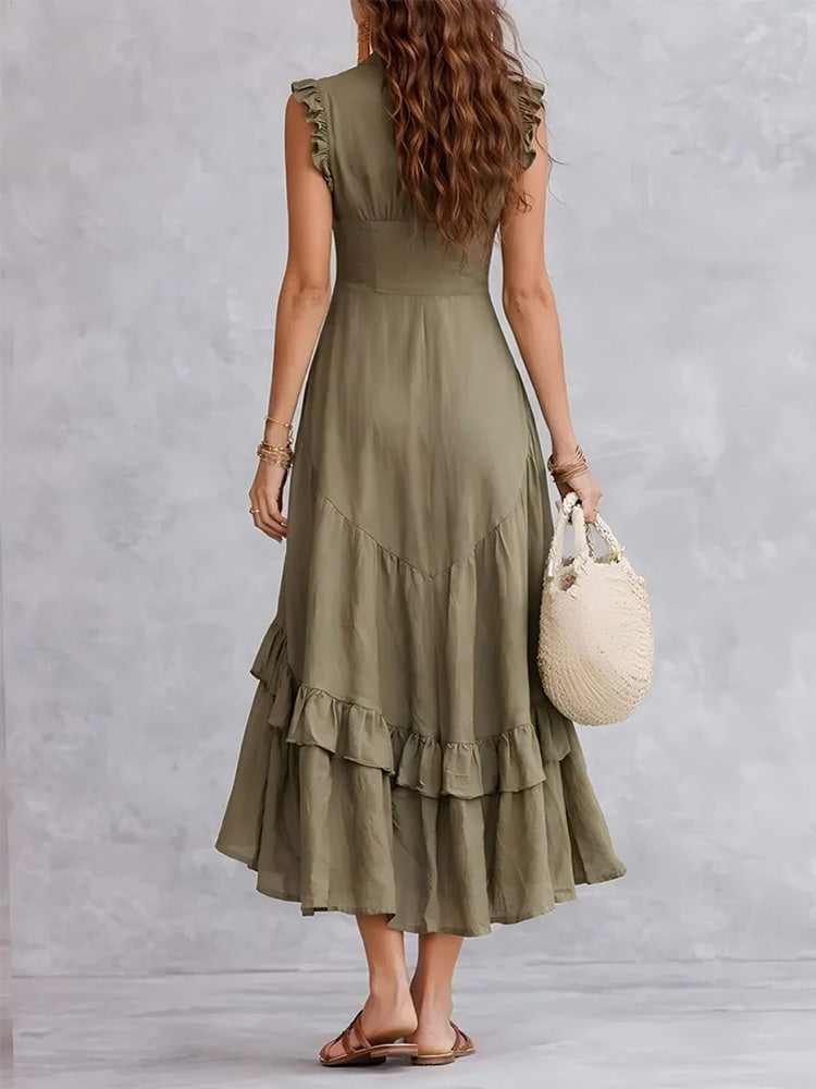 Elegant minimalist ruffled cotton linen sleeveless dress
