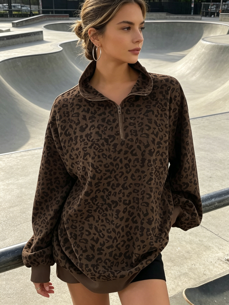 Leopard Print Corduroy Half-Zip Pullover